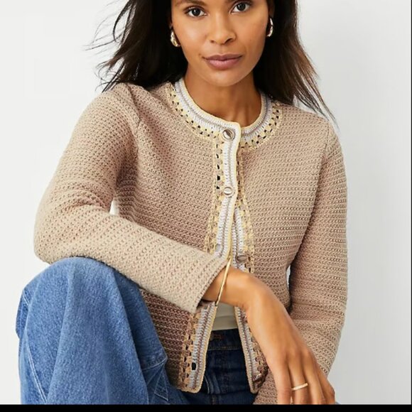 ANN TAYLOR CROTCHET TRIM TAN GOLD BUTTON SWEATER JACKET NWOT $169 L - Picture 1 of 12